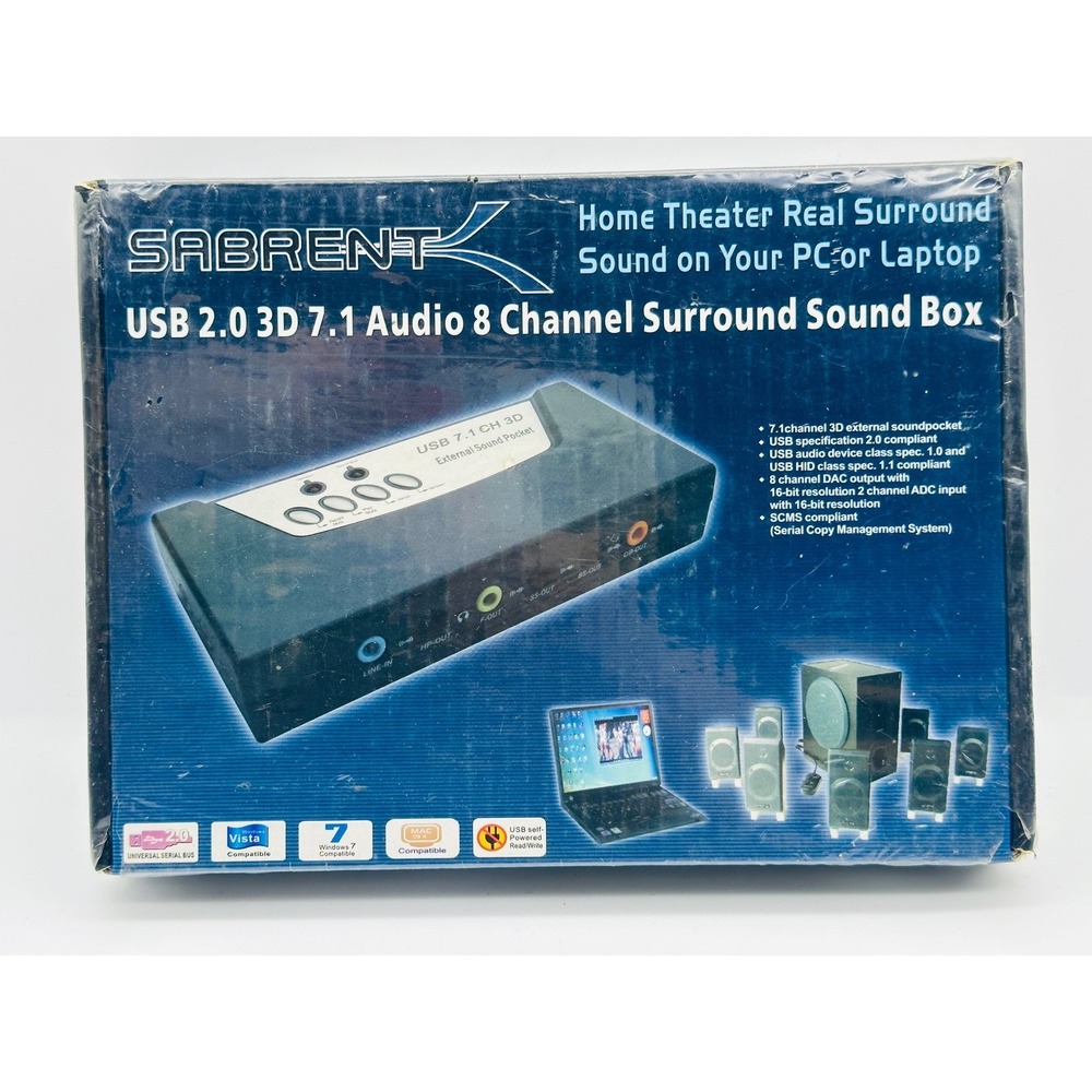 Sabrent USB 2.0 3D 7.1 Audio 8 Channel Surround Sound Box External USB-SND8 New